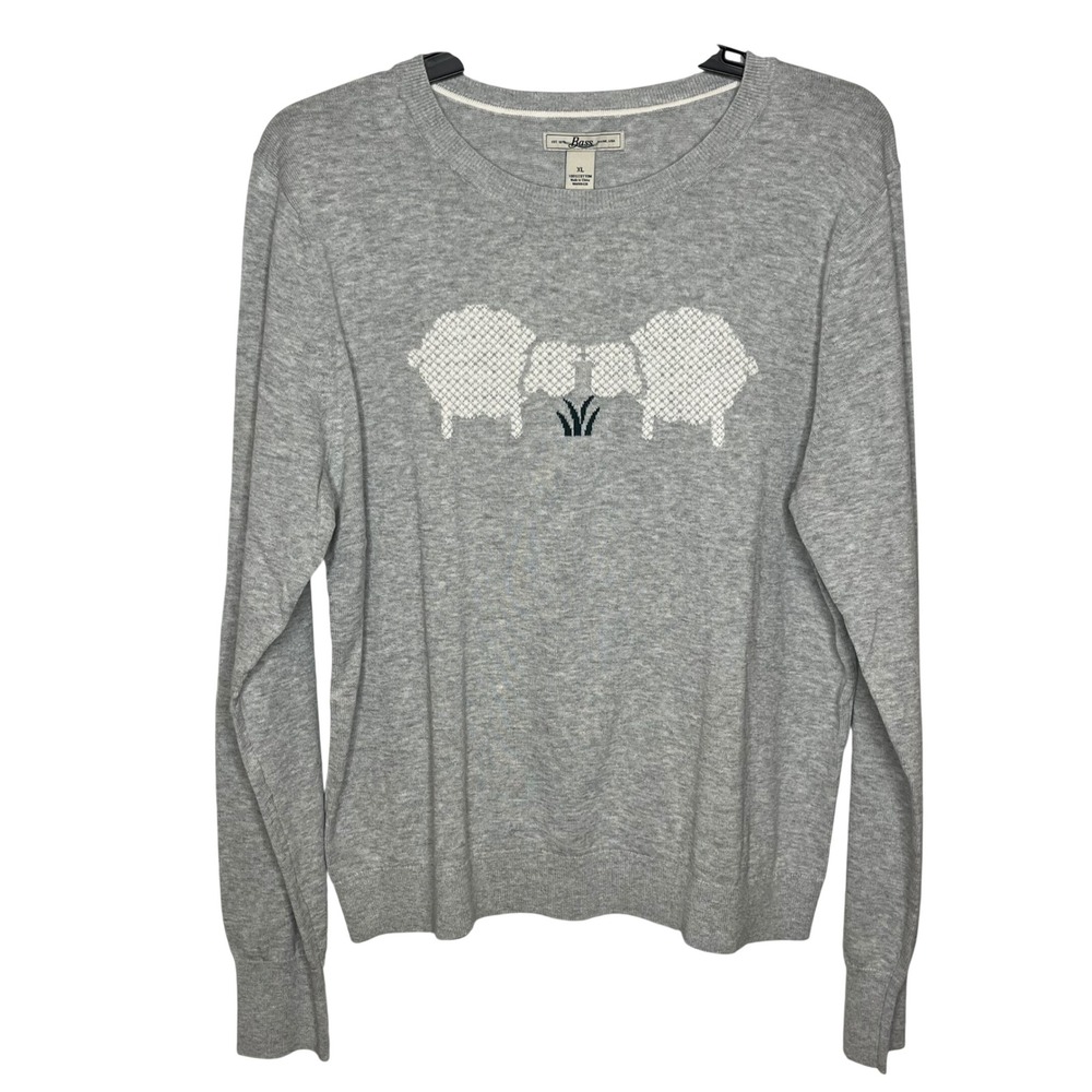 G H Bass & Co NEW Women Crew Neck Long Sleeve Sweater Gray Sheep Graphic XL